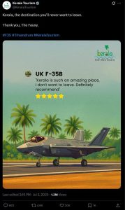 The British F-35 fighter jet has been grounded at an Indian airport for 20 days, prompting a collective joke from the Indians: Indeed, it’s the British, and once they arrive, they won’t leave.
